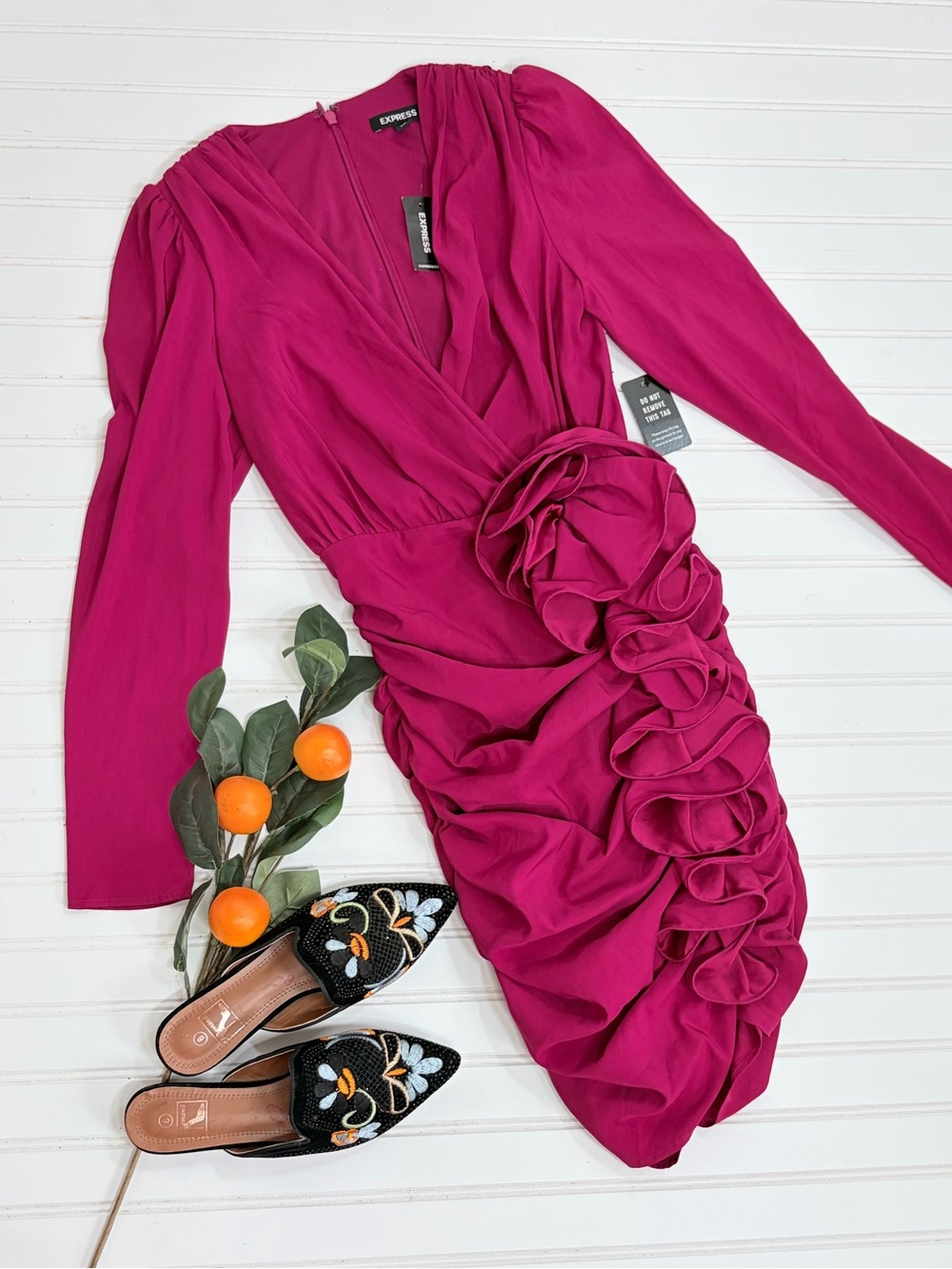 EXPRESS Magenta Ruffled Puff Sleeve Mini Dress